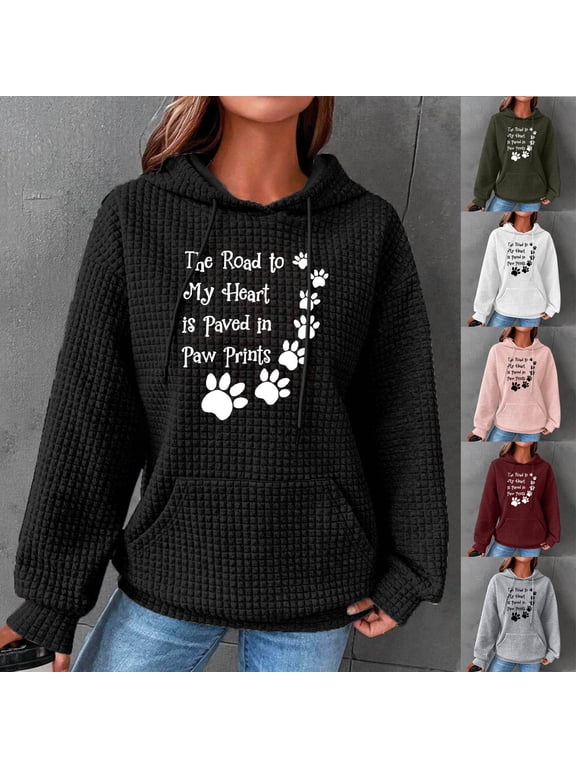 Dog Mom Hoodies for Women Cute Dog Paw Print Hooded Sweatshirt Funny Letter Graphic Hoodie Waffle Knit Drawstring Pullover Tops 2025 Gifts Ideas Army Green XXXL
