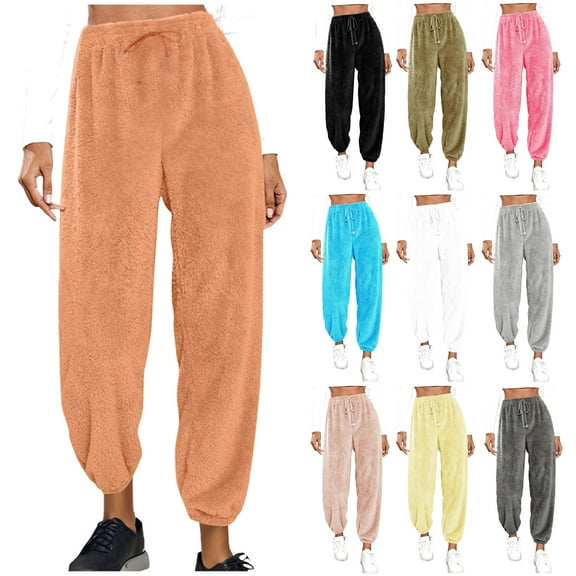 DDAPJ pyju Drawstring Sweatpants for Women Fuzzy Fleece Lounge Pants Winter Warm Athletic Joggers with Pockets Soft Pajama Pants Silver L