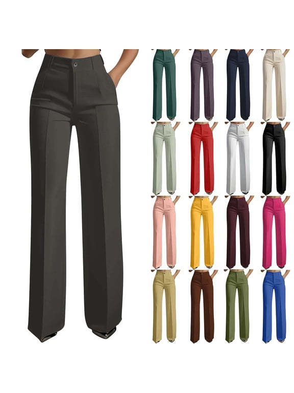 Dress Pants for Womens High Waisted Straight Leg Stretch Business Pants with Pockets Work Office Solid Color Casual Trousers Dark Gray XXL