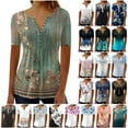 thumbnail image 1 of DDAPJ pyju Dressy Blouses for Women Pleated Short Sleeve Tunic Tops Casual Summer Floral Henley Shirts Lightweight Going Out Blouse Green XXXXXL, 1 of 6