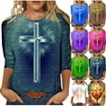 thumbnail image 1 of DDAPJ pyju Easter 3/4 Sleeve Shirts for Women Casual Loose Round Neck Blouse Christian Inspirational T-shirt Jesus Cross Faith Shirt Brown XL, 1 of 4