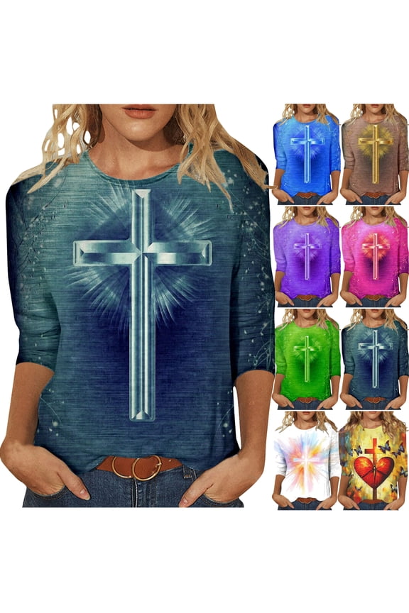 Easter 3/4 Sleeve Shirts for Women Casual Loose Round Neck Blouse Christian Inspirational T-shirt Jesus Cross Faith Shirt Dark Blue M