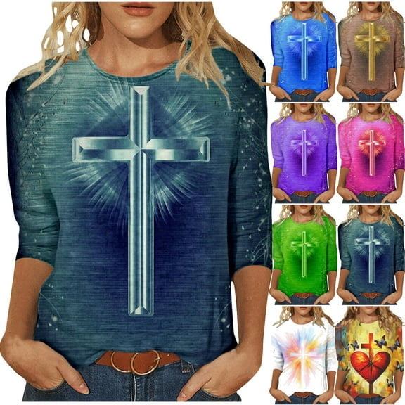 DDAPJ pyju Easter 3/4 Sleeve Shirts for Women Casual Loose Round Neck Blouse Christian Inspirational T-shirt Jesus Cross Faith Shirt Green XXL