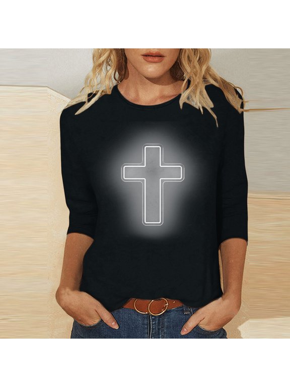 Easter 3/4 Sleeve Shirts for Women Plus Size Tops Christian Faith T-shirt Jesus Cross Graphic Tees Loose Casual Round Neck Tee Top Black XXL