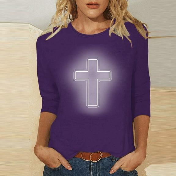DDAPJ pyju Easter 3/4 Sleeve Shirts for Women Plus Size Tops Christian Faith T-shirt Jesus Cross Graphic Tees Loose Casual Round Neck Tee Top Purple XL