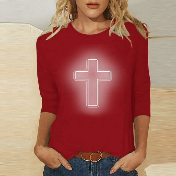 DDAPJ pyju Easter 3/4 Sleeve Shirts for Women Plus Size Tops Christian Faith T-shirt Jesus Cross Graphic Tees Loose Casual Round Neck Tee Top Red XL