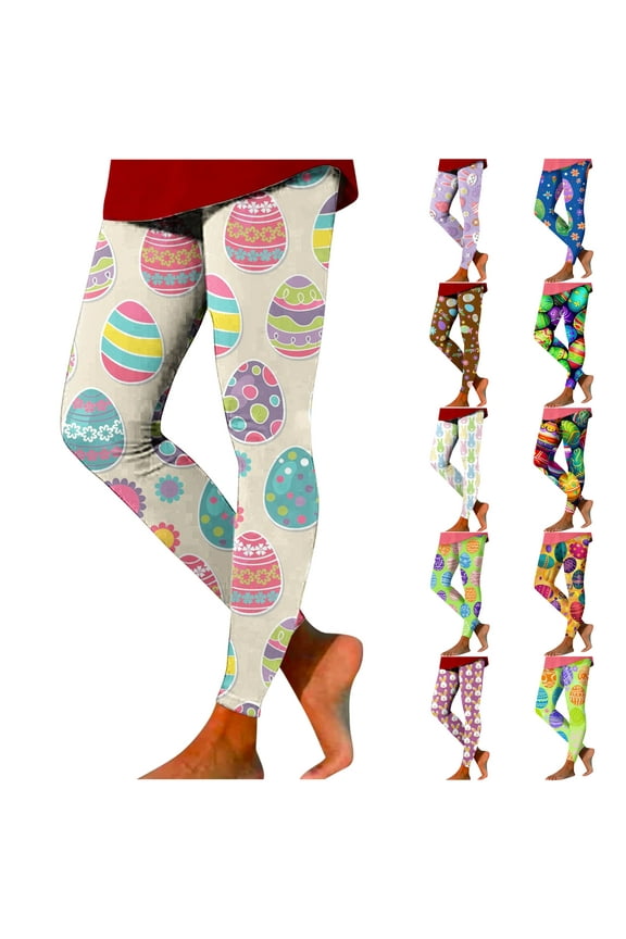 Easter Day Leggings for Women, Buttery Soft Stretch Party Holiday Tights Bunny Eggs Pattern Print Slim Yoga Pants Lightning Sales White XL
