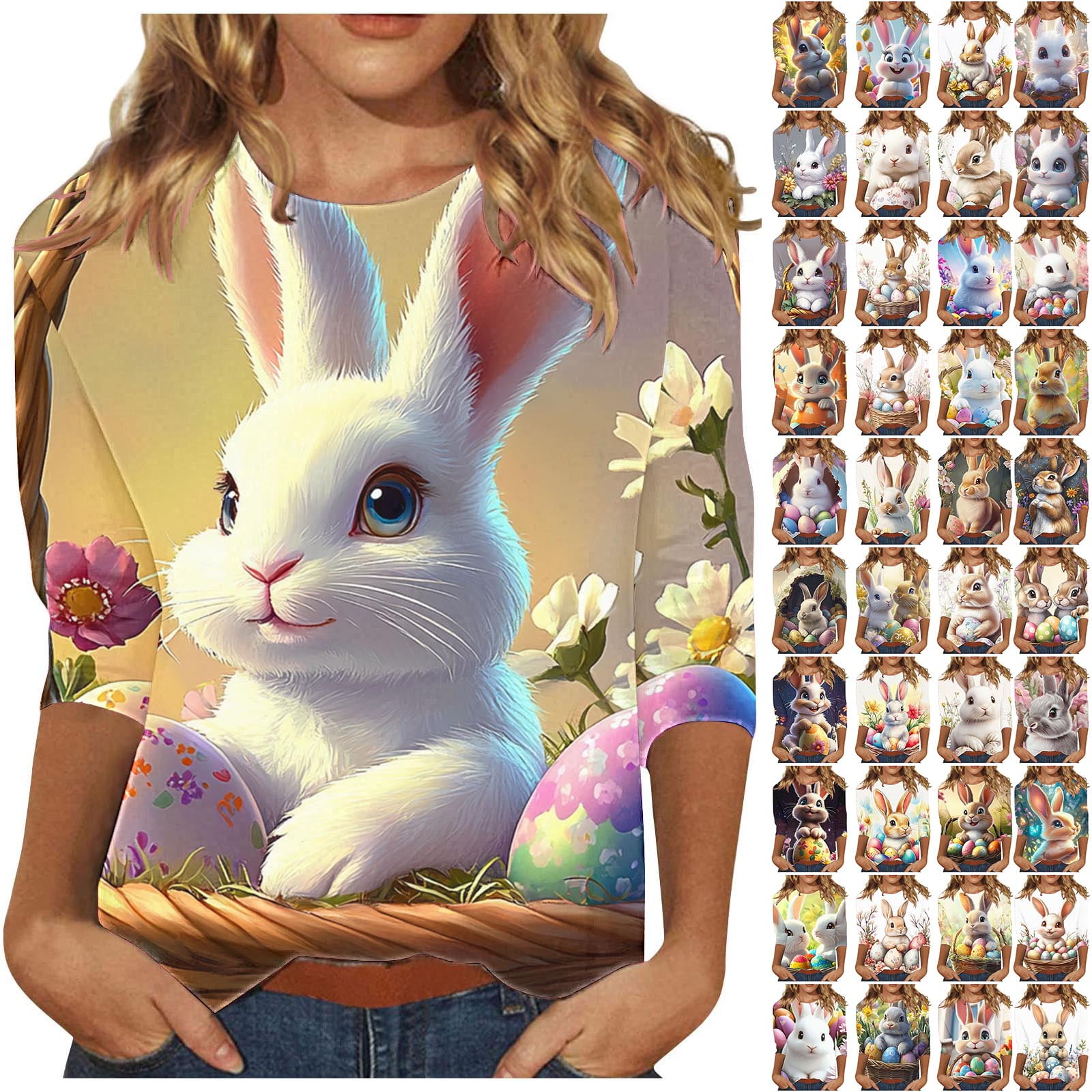 DDAPJ pyju Easter Shirt for Women Novelty 3D Bunny Eggs Print T-shirt 3 ...