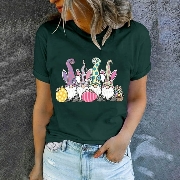 DDAPJ pyju Easter Shirts for Women Cute Gnome Printed Short Sleeve T-shirt Funny Bunny Eggs Graphic Tees Novelty Holiday Tee Tops Navy M