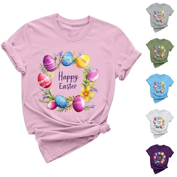 DDAPJ pyju Easter Shirts for Women Cute Gnome Printed Short Sleeve T-shirt Funny Bunny Eggs Graphic Tees Novelty Holiday Tee Tops Lightning Sales White L