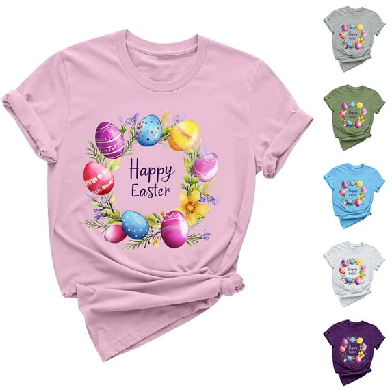 DDAPJ pyju Easter Teacher Shirts for Women Bunny Eggs Graphic Print T-Shirt Short Sleeve Round Neck Tee Tops Pink XL
