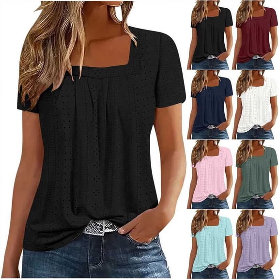DDAPJ pyju Eyelet Top Women Dressy Casual Square Neck Short Sleeve Tops Loose Fit Pleated Tunics Elegant Work Blouse Sky Blue S