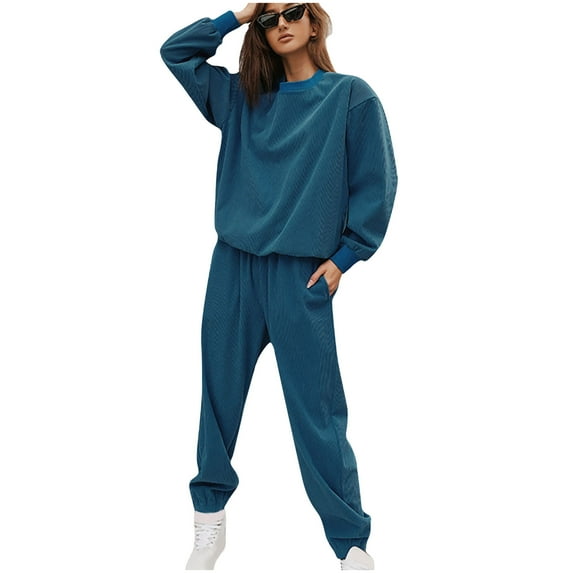 DDAPJ pyju Fall 2 Piece Sweatsuits Outfits for Women 2023,Corduroy Long Sleeve Crew Neck Pullover Sweatshirt and Elastic Waisted Pants Tracksuit Set Solid Color Lounge Sets with Pockets