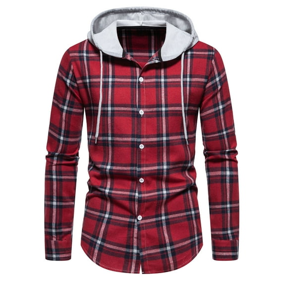 DDAPJ pyju Fall Fashion Shirts for Men 2023 Clearance, Men's Slim Fit Stretch Plaid Hoodie Long Sleeve Drawstring Flannel Shirt Jackets Casual Button Down Shacket Jacket