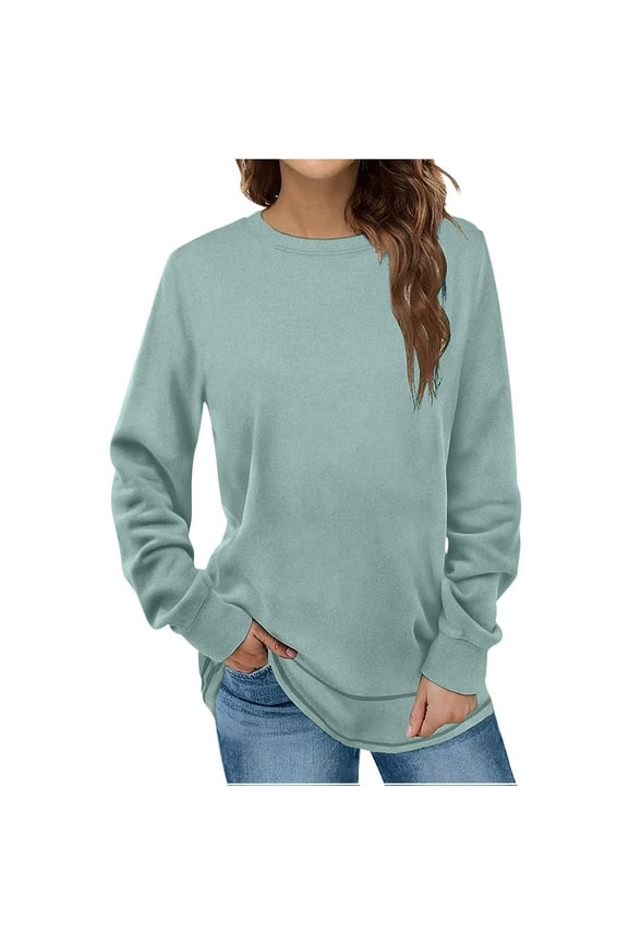 Fall Sweatshirts for Women, Lightweight Long Sleeve Crewneck Fleece Pullover Sweatshirt Solid Basic Loose Tunic Tops