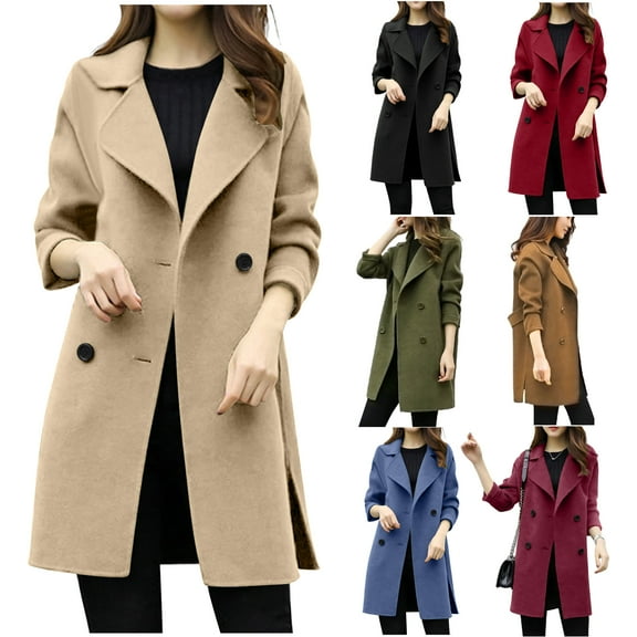 DDAPJ pyju Fall Winter Fashion Long Trench Coat Womens Business Casual Peacoat Solid Color Long Sleeve Double Breasted Suit Coat Black L