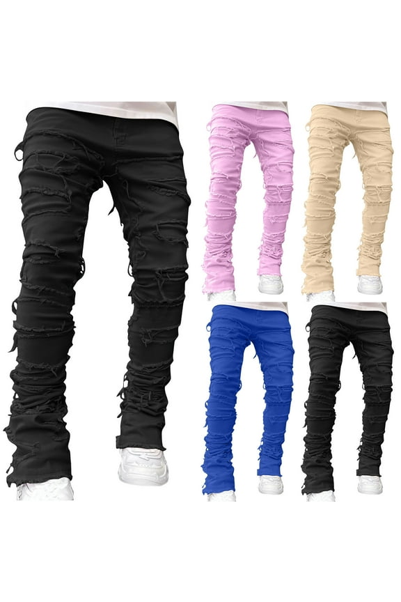 Fashion Cargo Pants for Men 2025 ,Skinny Fit Distressed Pants Straight Leg Stacked Jeans Vintage Destroyed Denim Pants with Patch Design Hip Hop Streetwear
