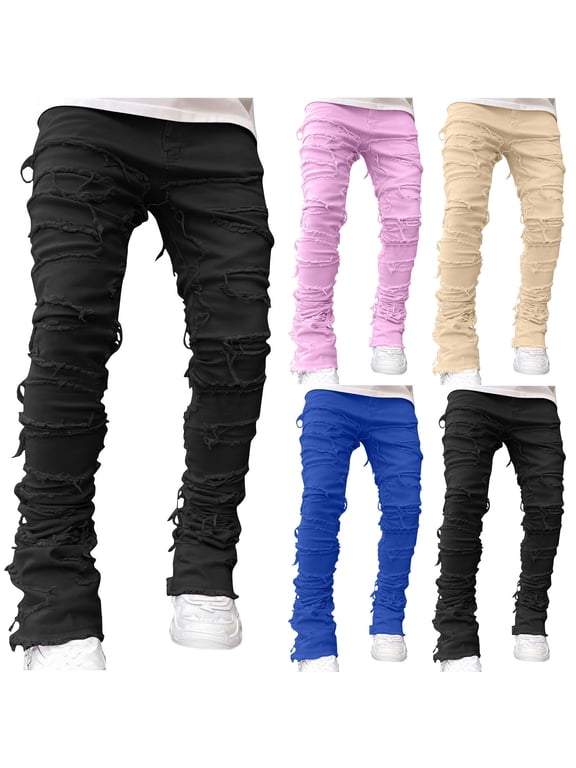 Fashion Cargo Pants for Men 2025 ,Skinny Fit Distressed Pants Straight Leg Stacked Jeans Vintage Destroyed Denim Pants with Patch Design Hip Hop Streetwear