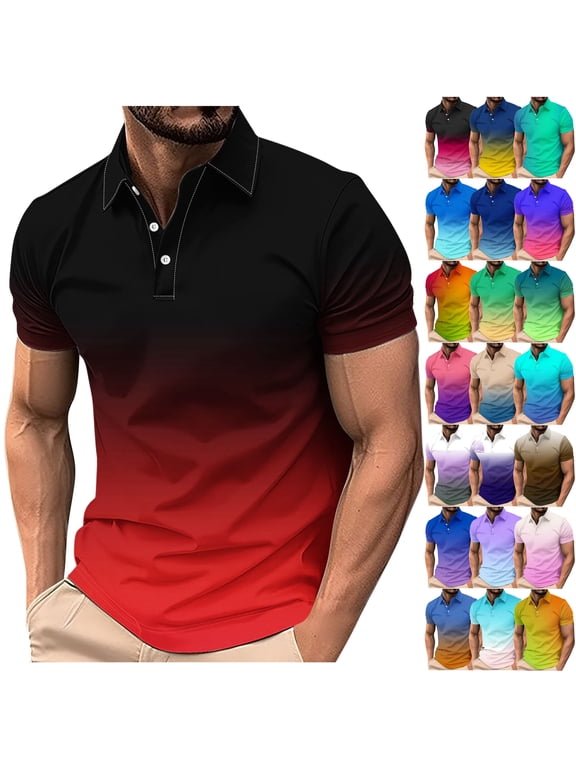 Fashion Polos for Men Gradient Print Collared T-shirt Short Sleeve Casual Golf Shirt Moisture Wicking Tennis Shirts Lightning Sales of The Day Multicolor M