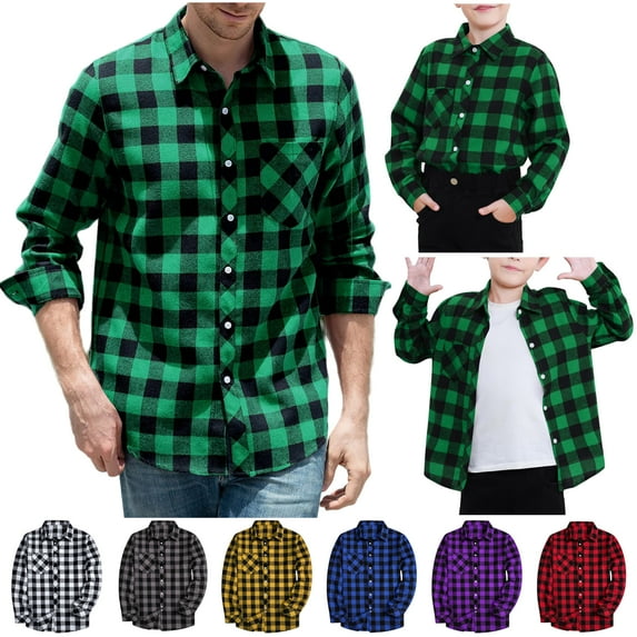 DDAPJ pyju Father Son Matching Shirts Mens Boys Plaid Button Down Shirt Long Sleeve Shacket with Pocket Purple 140