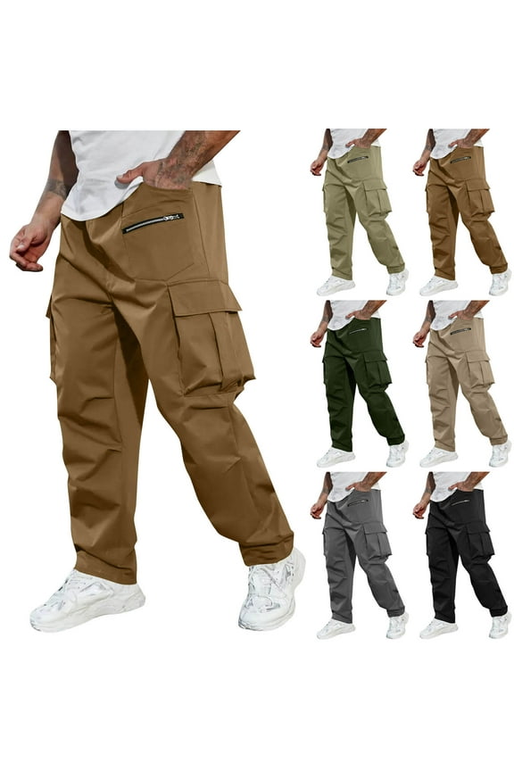 Father's Day Gifts Mens Cargo Work Pants Stretch Twill Casual Hiking Pants Elastic Waist Straight Wide Leg Trousers with Multi Pockets Khaki XL