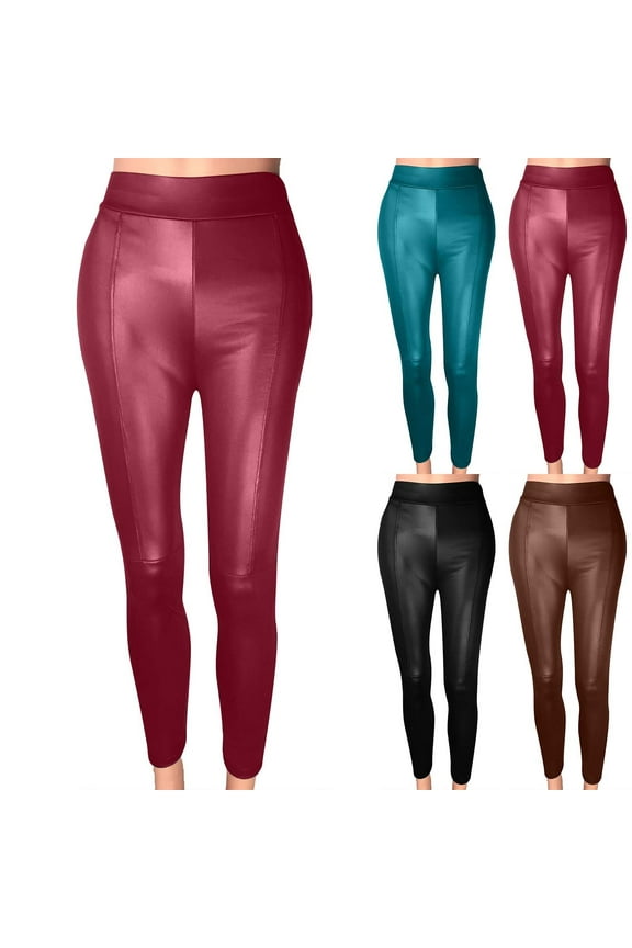 Faux Leather Leggings for Women High Waisted Stretch Ankle Length Yoga Running Pants Pleather Tights Sales of Today Blue M