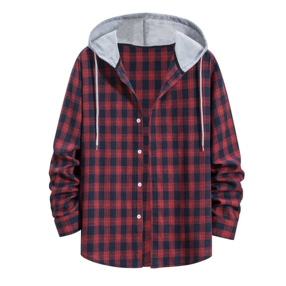 DDAPJ pyju Flannel Plaid Hooded Shirt for Men 2025, Drawstring Long Sleeve Shacket Jacket Regular Fit Button Down Shirt Jackets Fall Fashion Outerwear