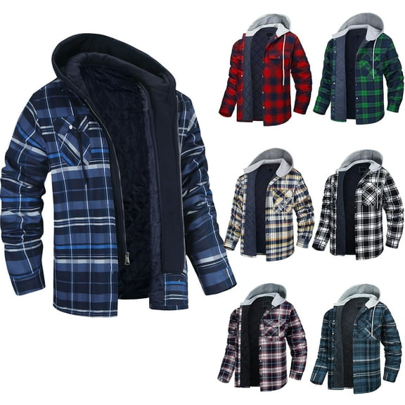 DDAPJ pyju Flannel Plaid Shirt Jacket for Men Big and Tall Quilted Lined Hoodie Sweatshirt Winter Hoodie Coat Navy L