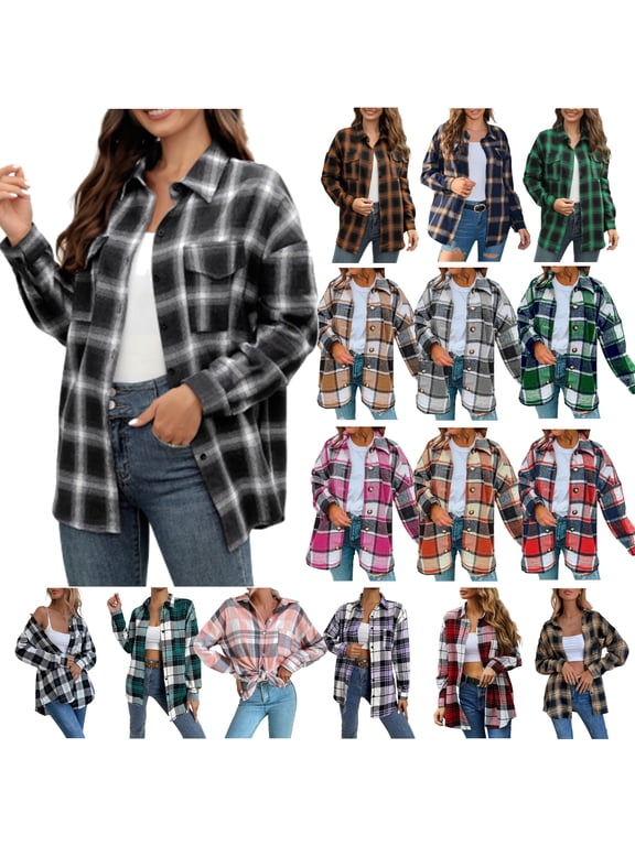 Flannel Shirts for Women 2025, Long Sleeve Button Down Plaid Shirt Jacket Fall Lightweight Shackets Casual Work Cardigan Tops