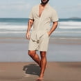 thumbnail image 1 of DDAPJ pyju Men's 2 Piece Summer Outfits Solid Casual Button Down Shirts and Shorts Matching Set Casual Beach Suit with Pockets Khaki L, 1 of 4