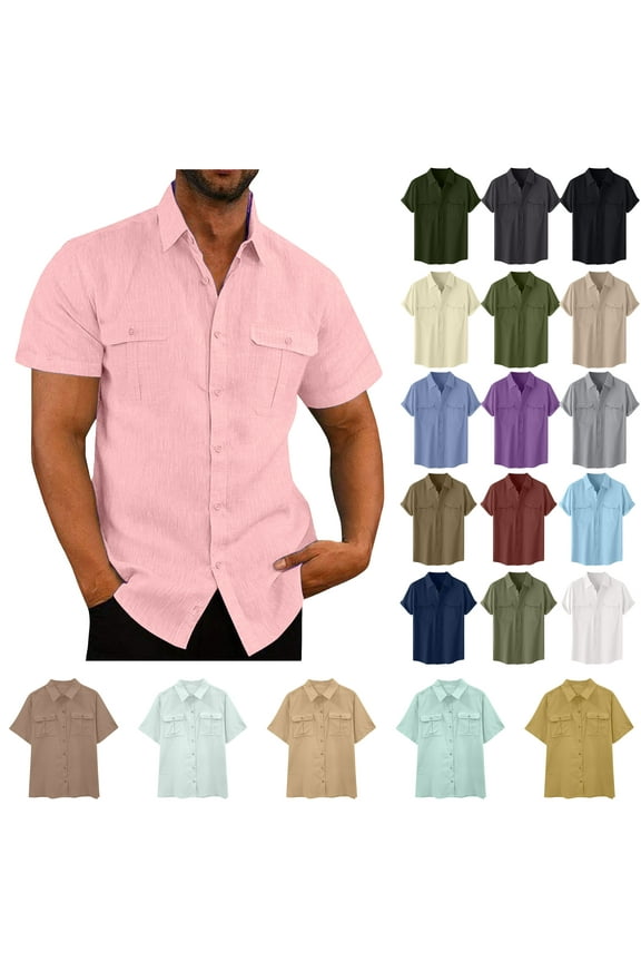 Mens Cotton Linen Casual Button Down Shirts Regular Fit Dress Tops Solid Spread Collar Summer Beach Shirts Lightweight Work Shirt with Pockets Army Green XXXL