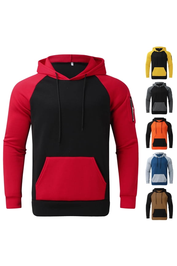Fleece Hoodies for Men Color Block Kangaroo Pocket Hooded Sweatshirt Raglan Long Sleeve Drawstring Pullover Tops Casual Athletic Hoodie Black M