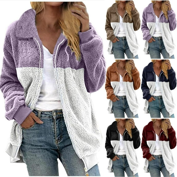 DDAPJ pyju Fleece Jackets for Women Winter Sherpa Jacket Color Block Casual Hoodie Jacket Zip Up Fuzzy Warm Outerwear with Pockets Coffee S