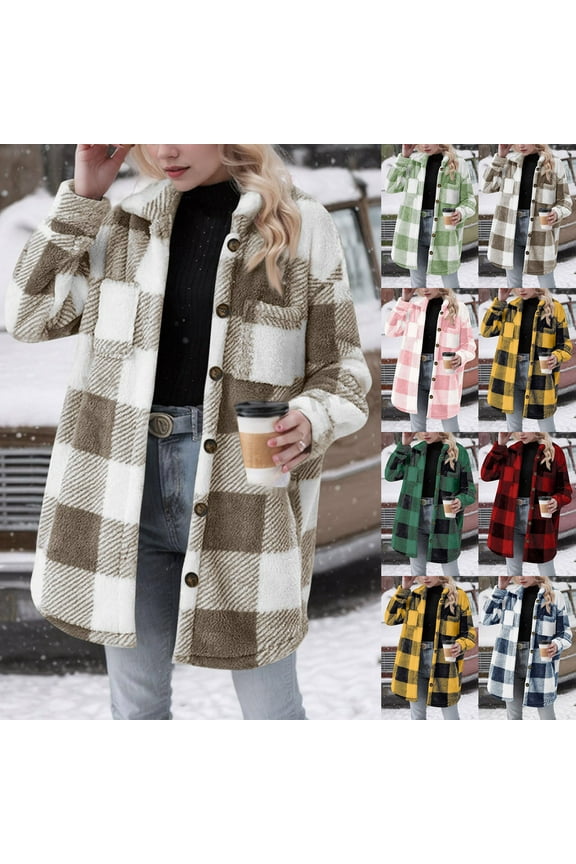Fleece Jackets for Women Plaid Shacket Jacket Trendy Casual Lapel Button Down Sherpa Coat with Pockets Blue S