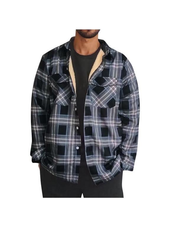 Fleece Lined Flannel Shirt for Men Big and Tall Long Sleeve Plaid Sherpa Jacket Thicken Warm Button Down Shirts Winter Thermal Outwear Dark Gray XXL