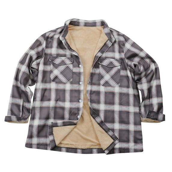DDAPJ pyju Fleece Lined Flannel Shirt for Men Big and Tall Long Sleeve Plaid Sherpa Jacket Thicken Warm Button Down Shirts Winter Thermal Outwear Gray XXL