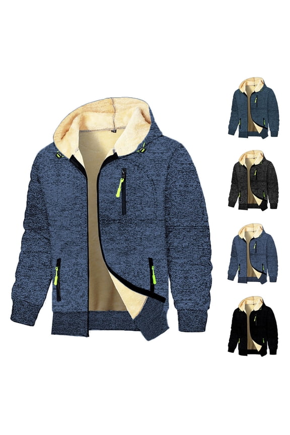 Fleece Lined Jackets for Men Zip Up Hoodies Winter Warm Hooded Jacket Outdoor Cargo Hiking Hoodie with Zipper Pockets Blue XL