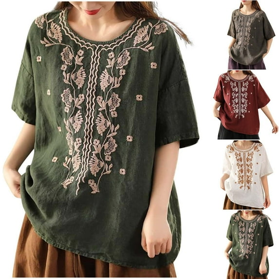 DDAPJ pyju Floral Embroidered Tops for Women Dressy Casual Round Neck Blouses Cotton Linen Short Sleeve T Shirts Ofertas de verano White XXXXL