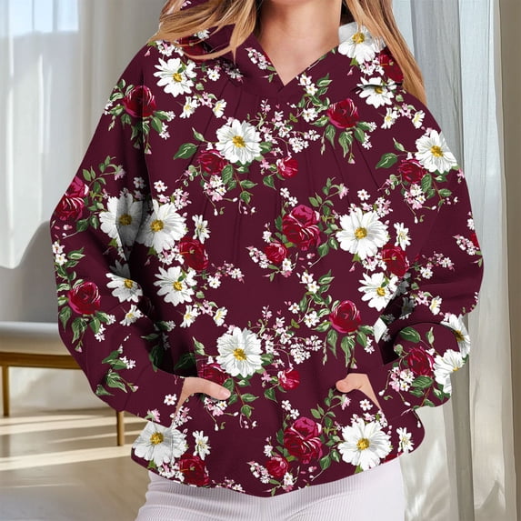 DDAPJ pyju Floral Print Hoodies for Women Pleated Front Pullover Sweatshirt Fashion Casual Hoodie Hoody Tops with Kangaroo Pocket