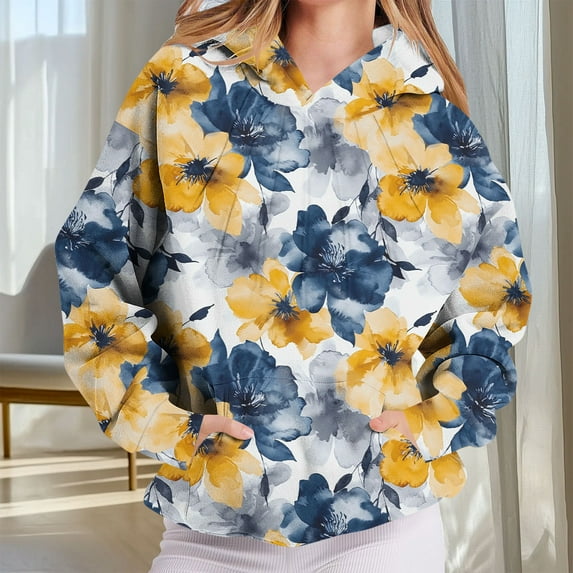 DDAPJ pyju Floral Print Hoodies for Women Pleated Front Pullover Sweatshirt Fashion Casual Hoodie Hoody Tops with Kangaroo Pocket