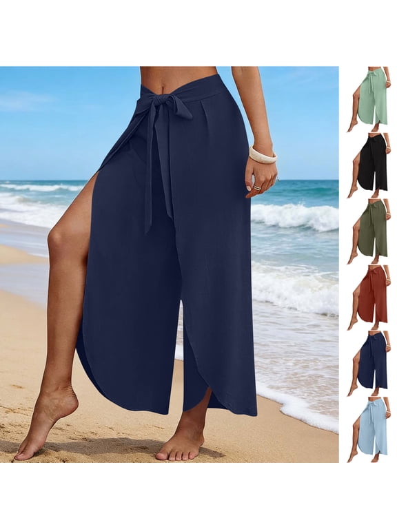 Flowy Pants for Women Wide Leg Split Skirt Pants Bathing Suit Cover Up Pants Tie Front Elastic Waist Boho Beach Vacation Pants Orange S