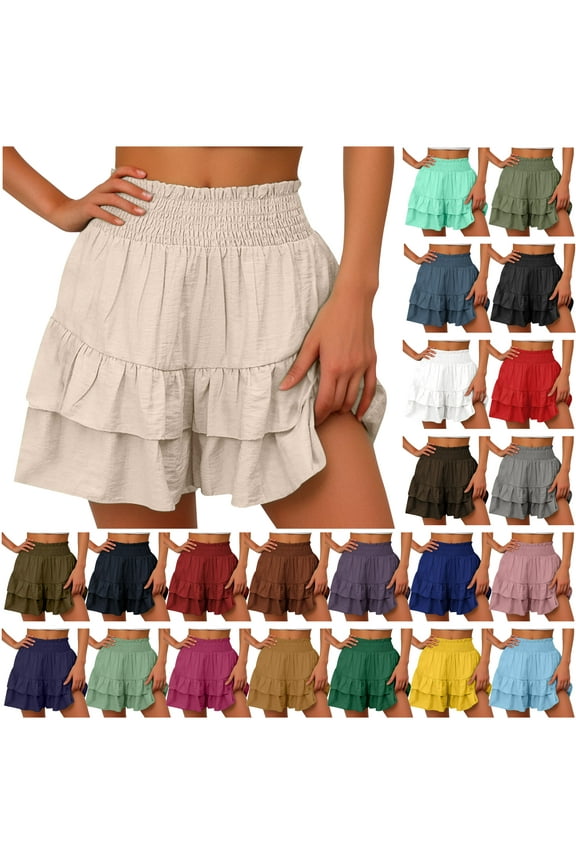 Flowy Shorts for Women Boho Ruffled Skorts Smocked High Waist Short Pants Trendy Summer Beach Vacation Shorts Khaki XL