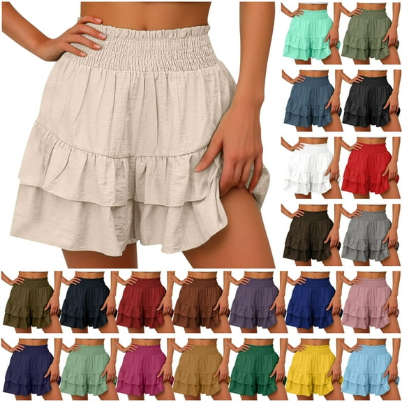 DDAPJ pyju Flowy Shorts for Women Boho Ruffled Skorts Smocked High Waist Short Pants Trendy Summer Beach Vacation Shorts Yellow L