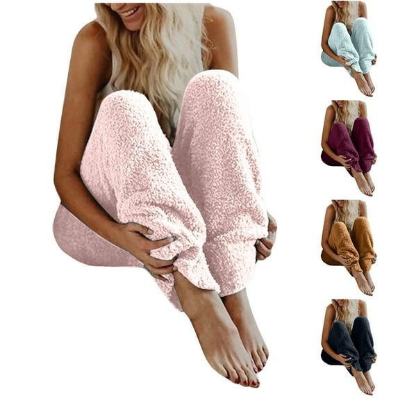 DDAPJ pyju Fluffy Pajama Pants for Women Elastic Waist Comfy Fuzzy Pj Bottoms Warm Winter Fleece Sleepwear Yellow L