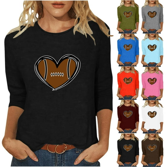 DDAPJ pyju Football Mom T-shirts for Women 3/4 Sleeve Cute Heart Print Graphic Tees Loose Fit Mid-length Casual Round Neck Tee Tops Mother's Day Gift T-shirt Wine S