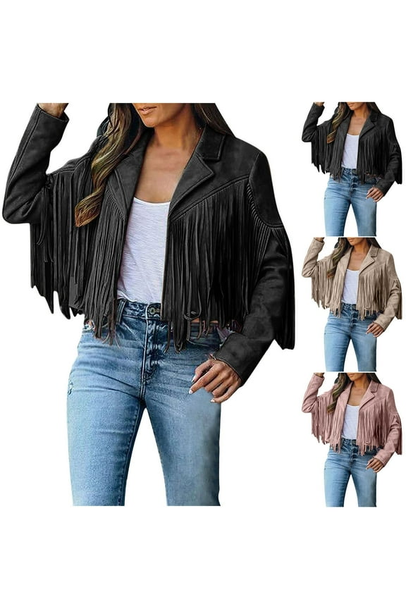 Fringe Tops for Women Casual Faux Leather Jackets Motorcyle Coats Cropped Outfits Utility Tassel Suede Moto Jacket Pink S