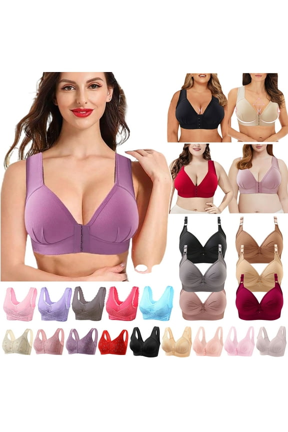 Front Closure Wire Free Bras for Women,Plus Size Comfort Seamless Bra Full-Coverage Wireless Push Up Brassiere Lightly Lined Breathable Bralettes Sleep Lingerie Everyday Underwear