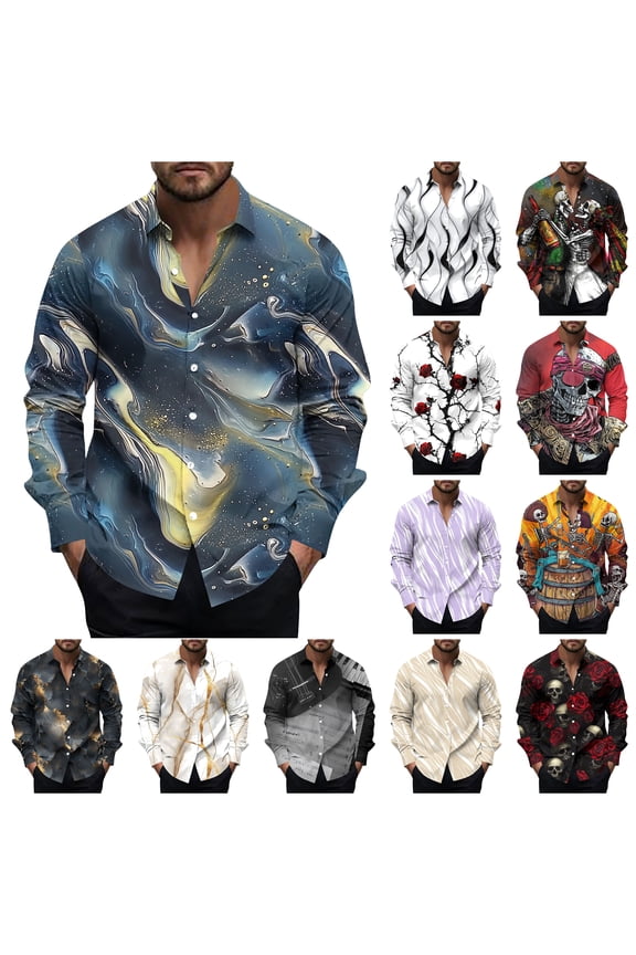 Funky Hawaiian Shirt for Men Long Sleeve Printed Button Down Shirts Casual Aloha Beach Shirt Beige S