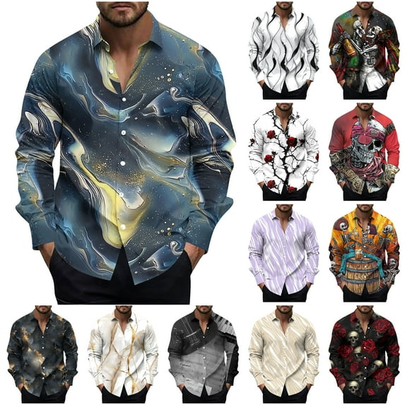 DDAPJ pyju Funky Hawaiian Shirt for Men Long Sleeve Printed Button Down Shirts Casual Aloha Beach Shirt Beige S