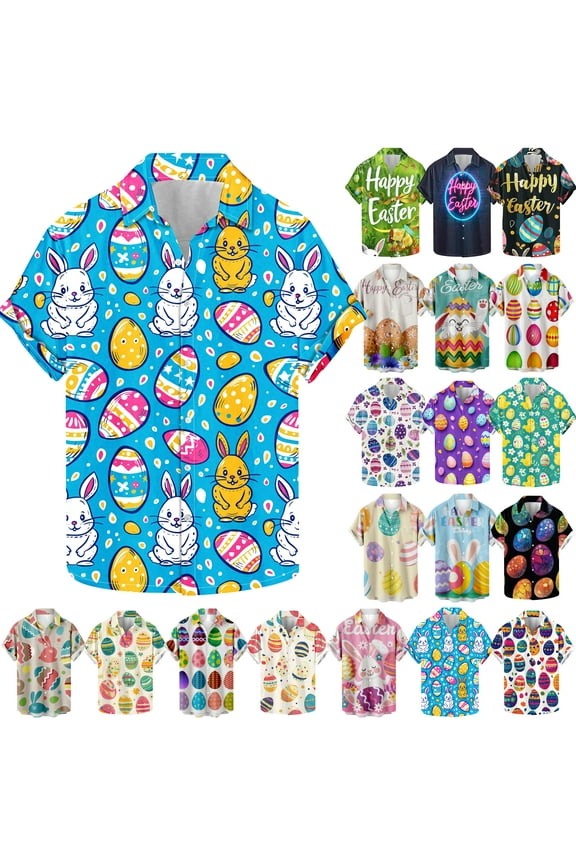 Funky Hawaiian Shirts for Men Easter Egg Printed Button Down Shirts Novelty Holiday Party Tops Black S